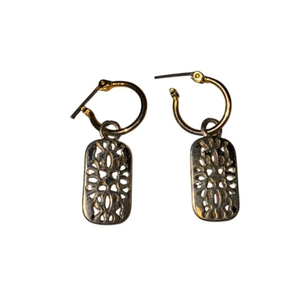Vintage Gold & Silver Rectangular Dangle Earrings With Filigree Design - Picture 2 of 6